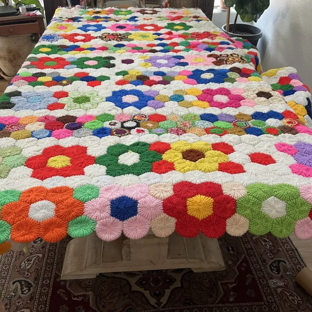 Vintage Grandmother's Flower Garden Crochet Afghan Blanket 79” x 84” Thick